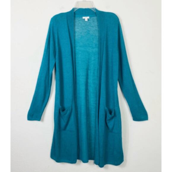 J. Jill Aqua Blue Open Knit linen Face Long Cardigan Sweater Pockets XL A003265 - Picture 10 of 10